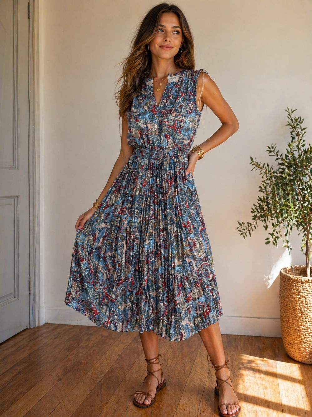 Tahari Blue Paisley Pleated Midi Dress